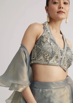 Grey Organza Embellished Lehenga Set With Dupatta