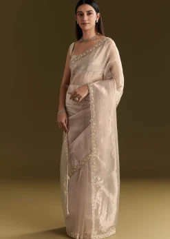 Grey Organza Embroidered Saree With Scallop Border