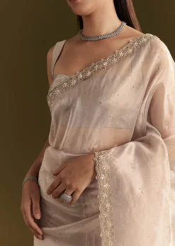 Grey Organza Embroidered Saree With Scallop Border