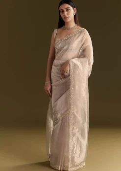 Grey Organza Embroidered Saree With Scallop Border