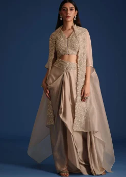 Grey Organza Jacket With Draped Skirt And Crop Top