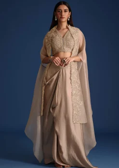 Grey Organza Jacket With Draped Skirt And Crop Top