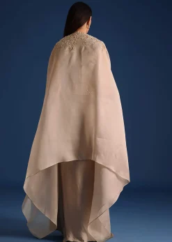Grey Organza Jacket With Draped Skirt And Crop Top