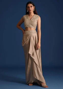 Grey Organza Jacket With Draped Skirt And Crop Top