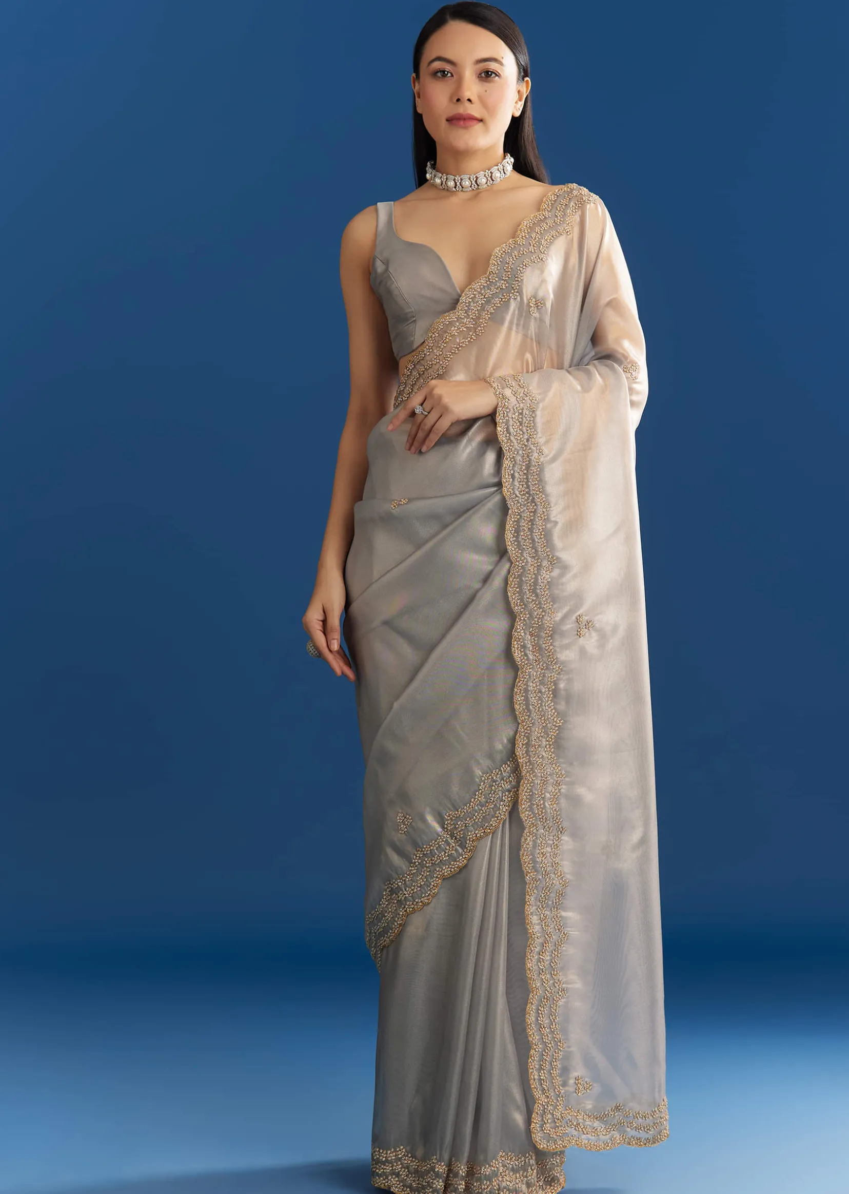 Grey Organza Tissue Saree With Embellished Scallop Border