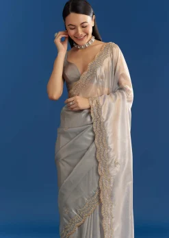 Grey Organza Tissue Saree With Embellished Scallop Border