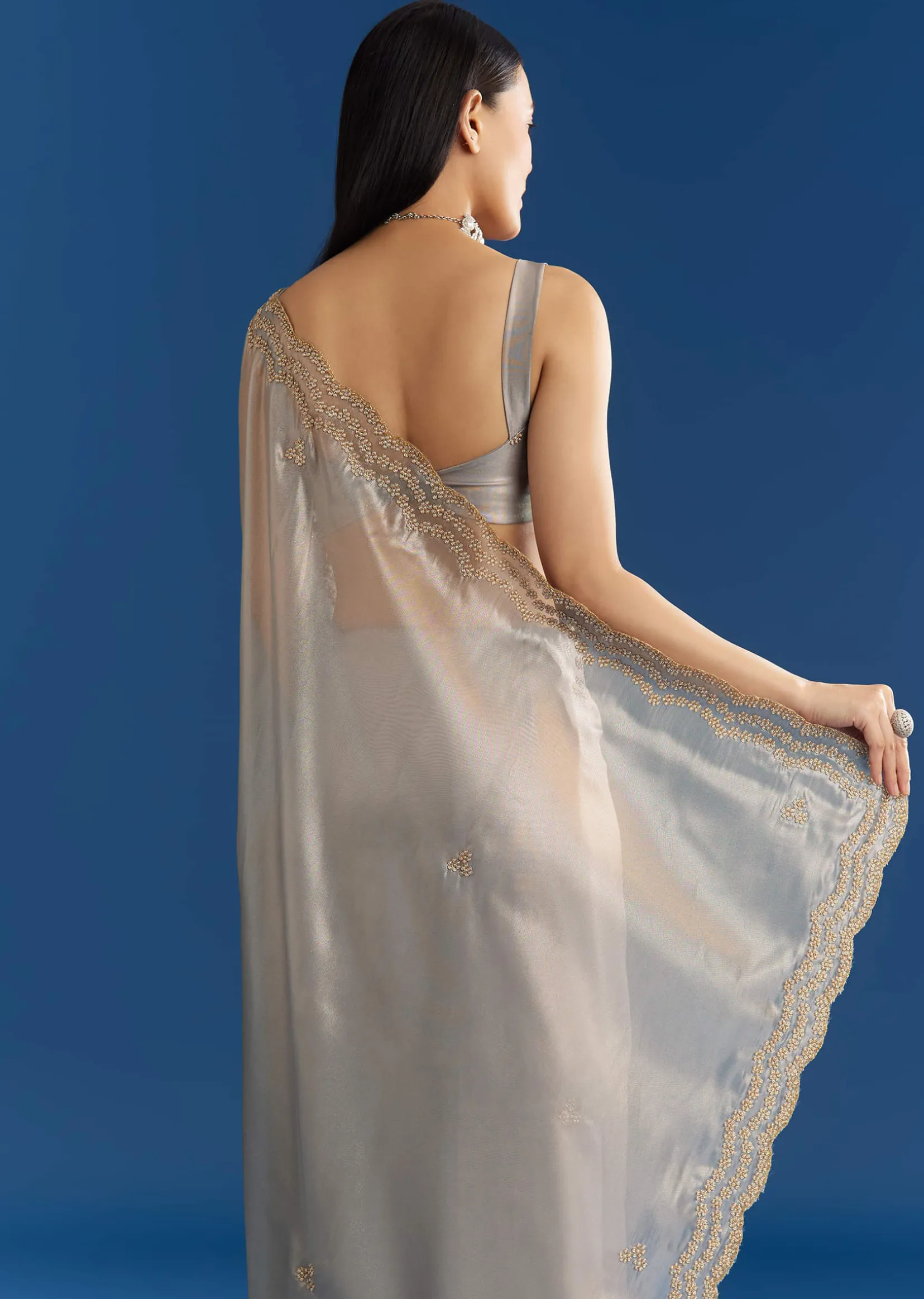 Grey Organza Tissue Saree With Embellished Scallop Border