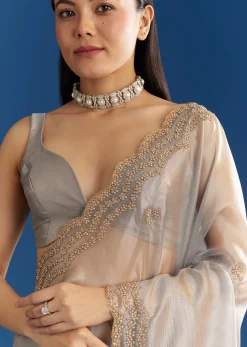 Grey Organza Tissue Saree With Embellished Scallop Border