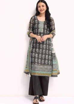 Grey Printed Chanderi Kurta Palazzo Set