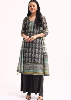 Grey Printed Chanderi Kurta Palazzo Set