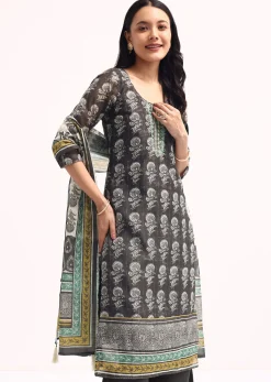 Grey Printed Chanderi Kurta Palazzo Set