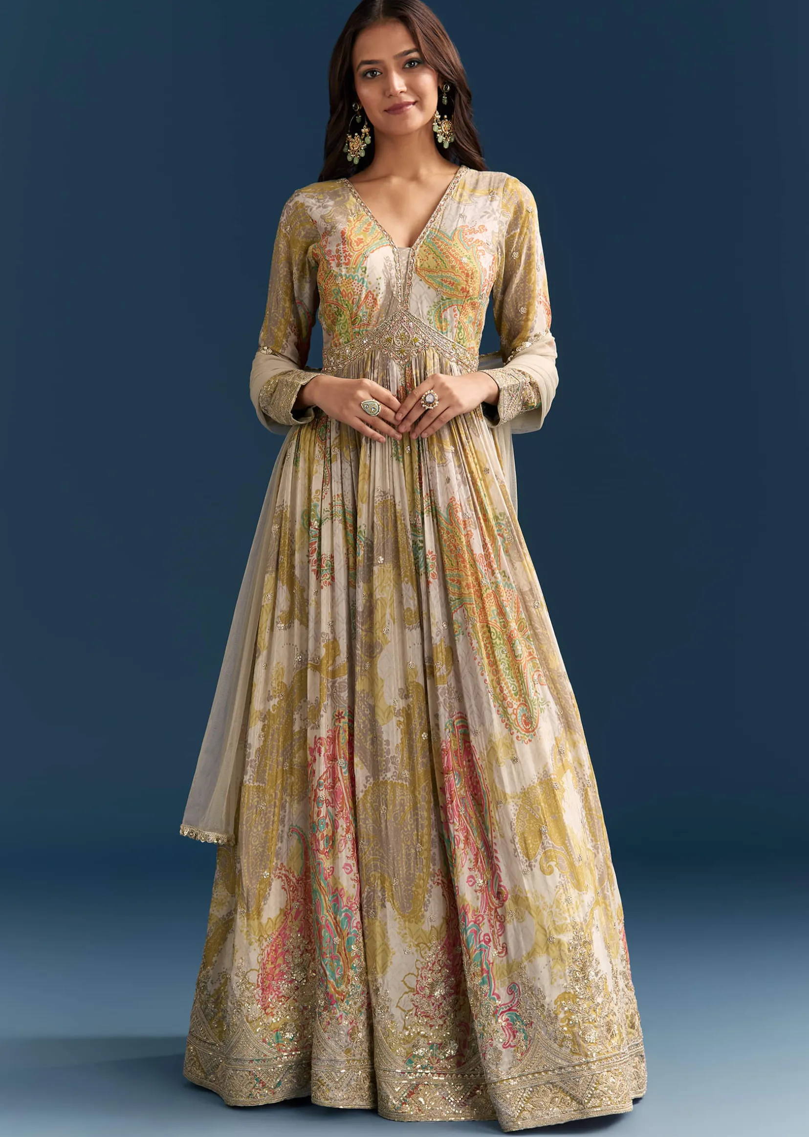 Grey Printed Chinon Anarkali Suit With Zari Work