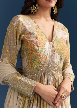 Grey Printed Chinon Anarkali Suit With Zari Work