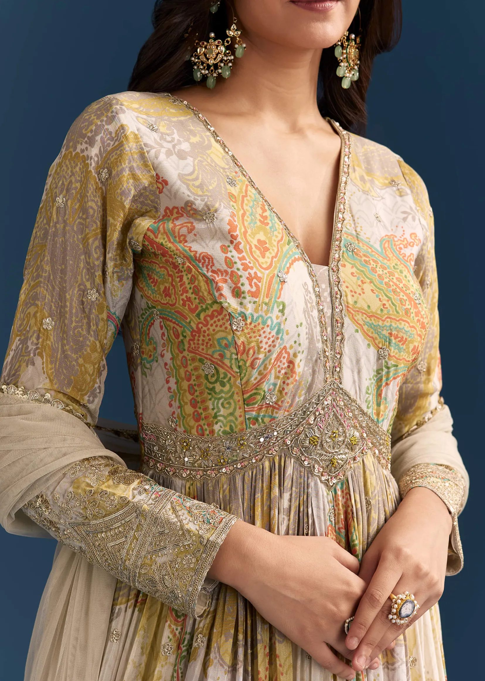 Grey Printed Chinon Anarkali Suit With Zari Work