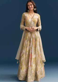 Grey Printed Chinon Anarkali Suit With Zari Work