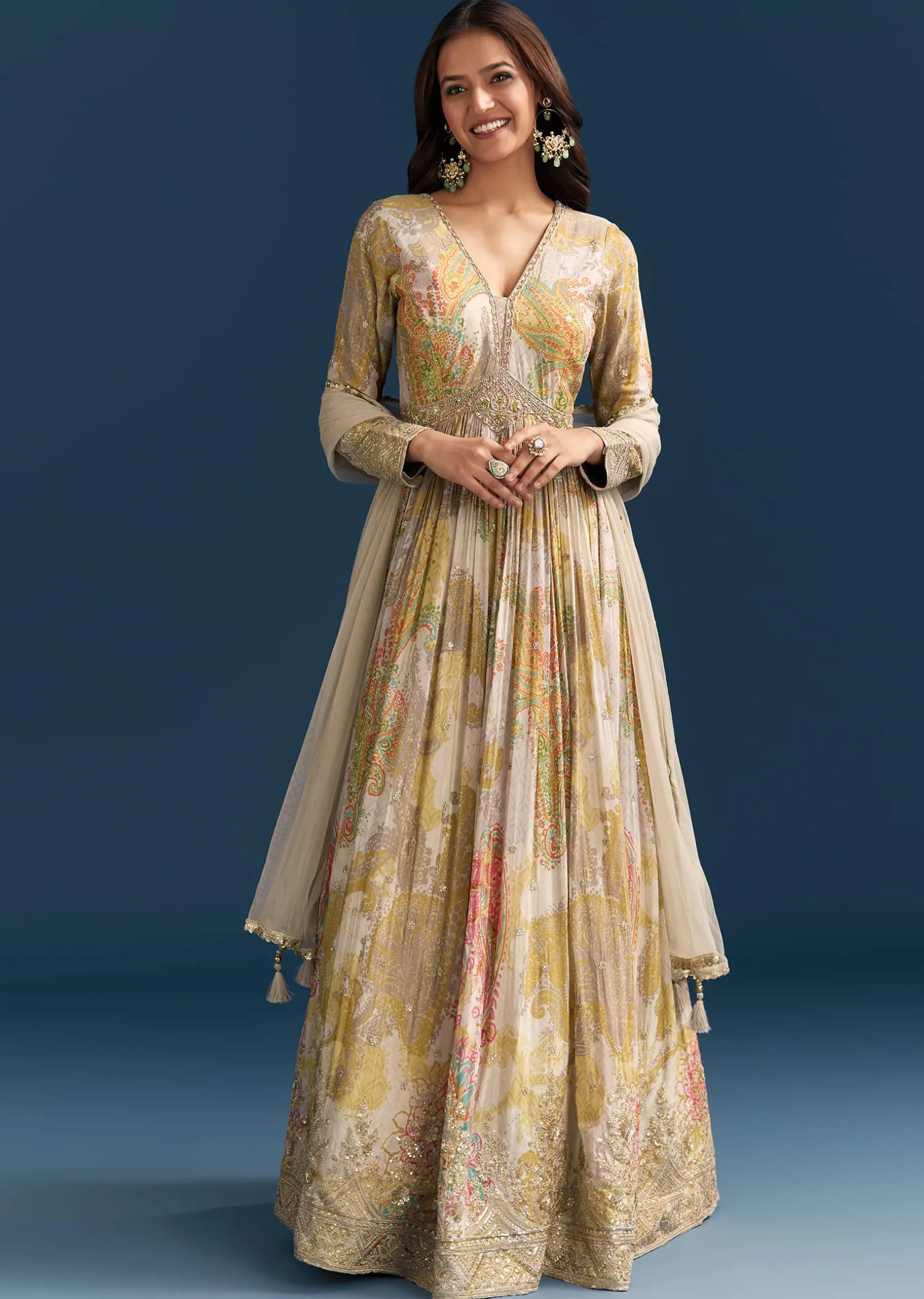 Grey Printed Chinon Anarkali Suit With Zari Work