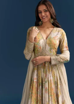 Grey Printed Chinon Anarkali Suit With Zari Work