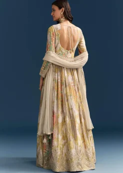 Grey Printed Chinon Anarkali Suit With Zari Work