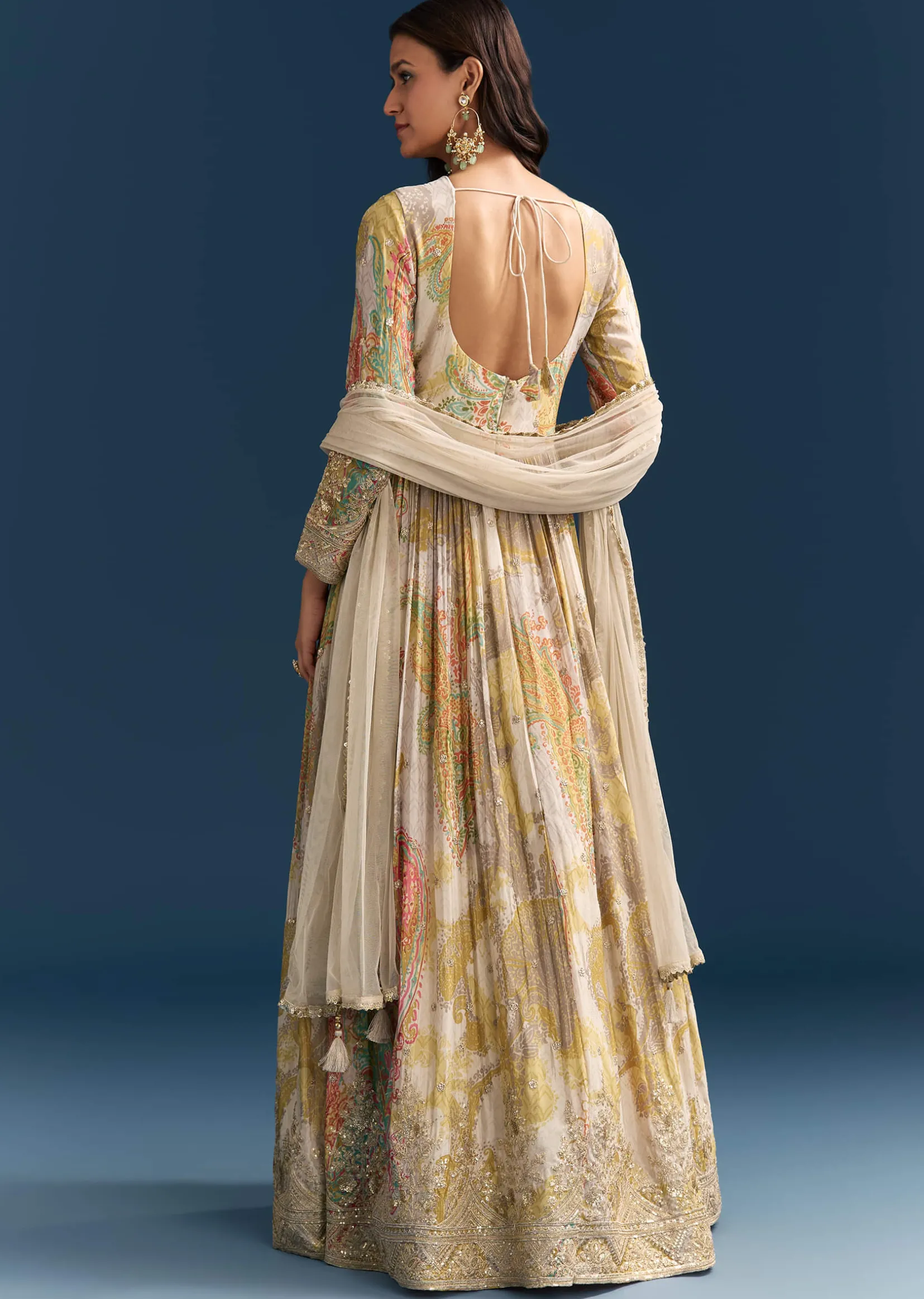Grey Printed Chinon Anarkali Suit With Zari Work