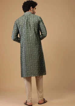 Grey Printed Handwoven Silk Kurta Set With Buttis