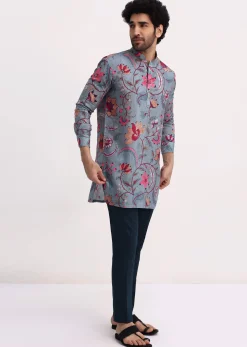 Grey Printed Kurta Set For Men