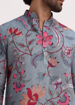 Grey Printed Kurta Set For Men