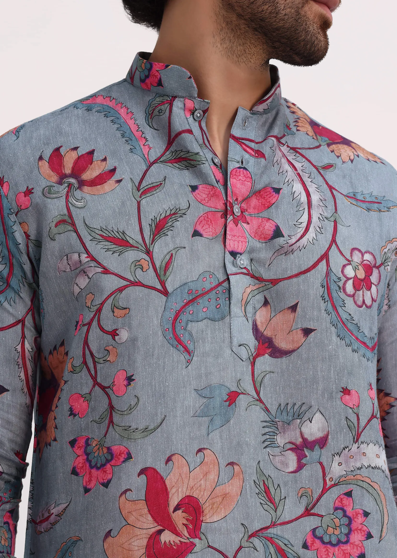 Grey Printed Kurta Set For Men