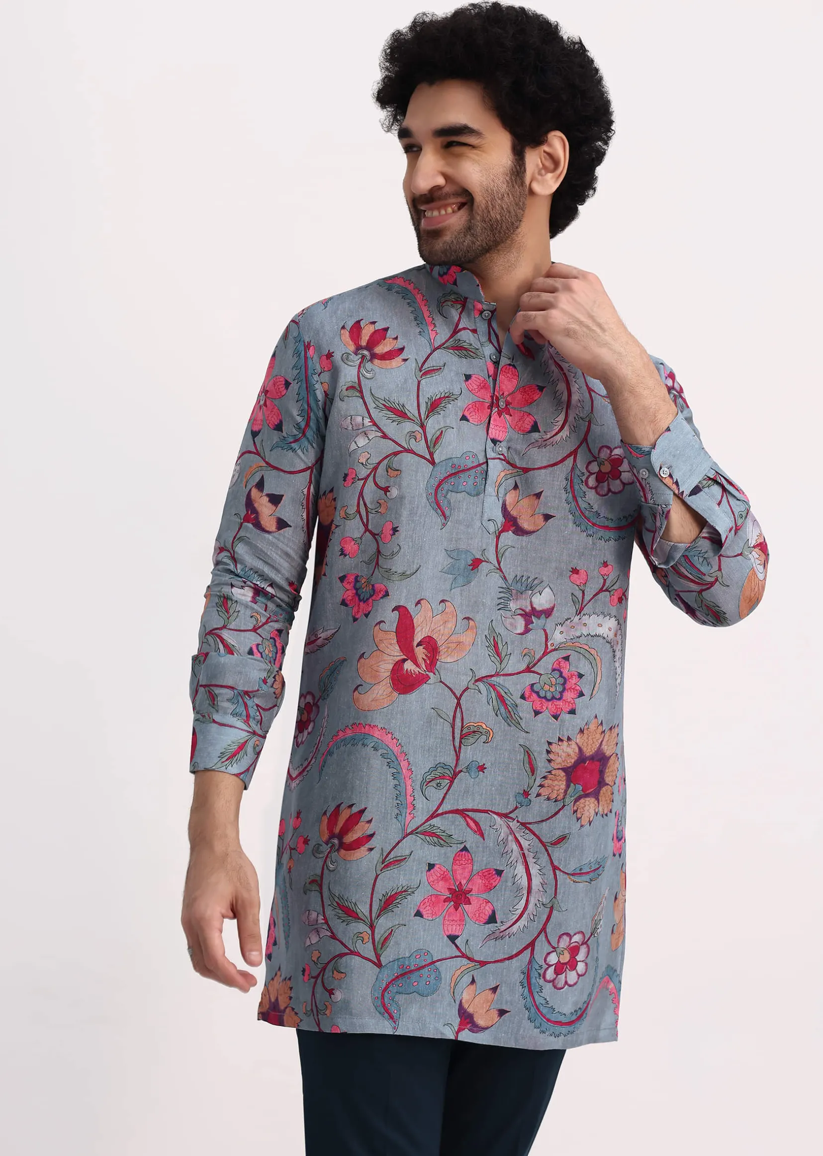 Grey Printed Kurta Set For Men