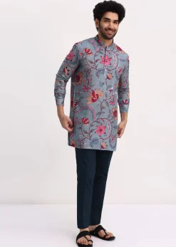 Grey Printed Kurta Set For Men