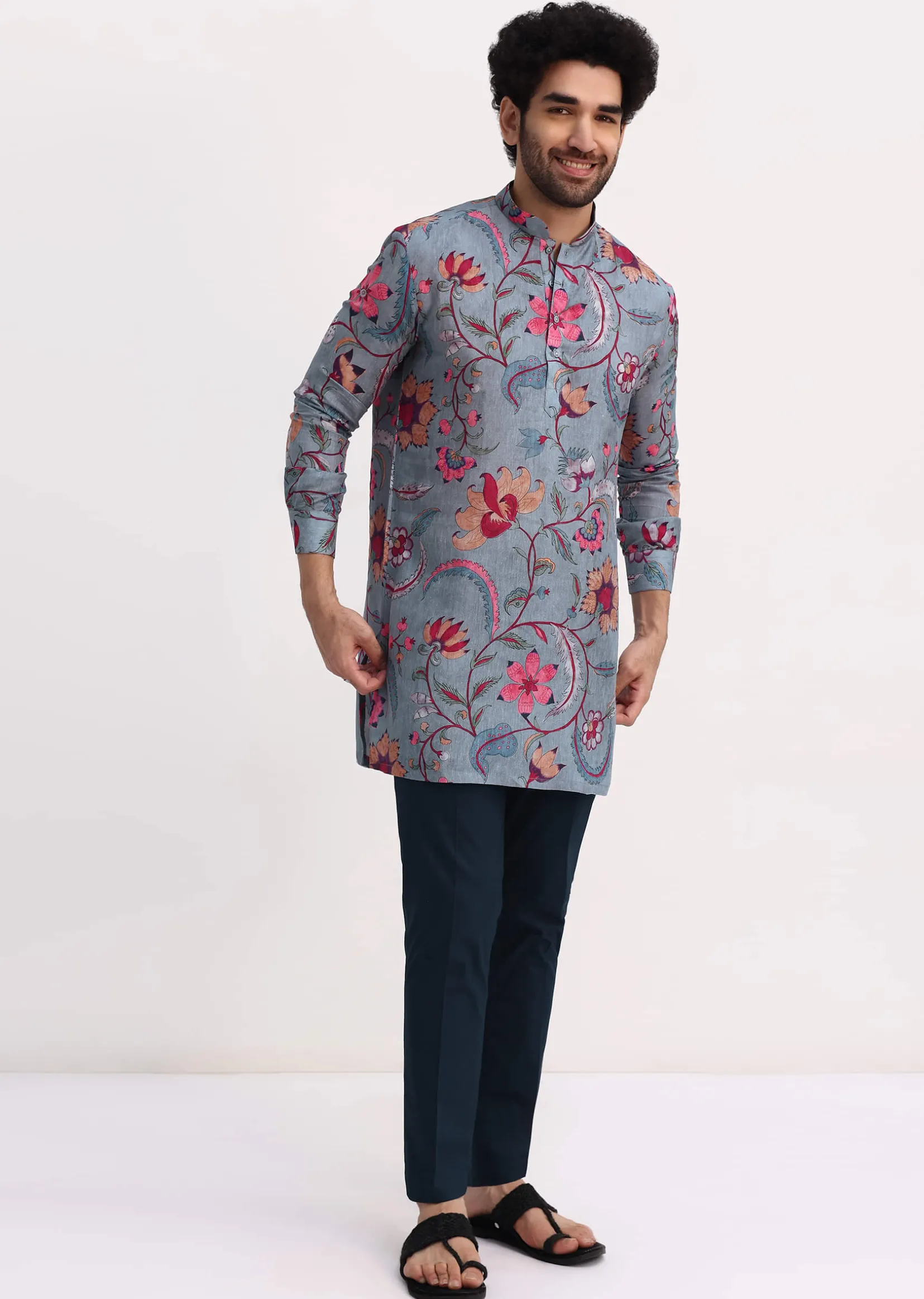 Grey Printed Kurta Set For Men