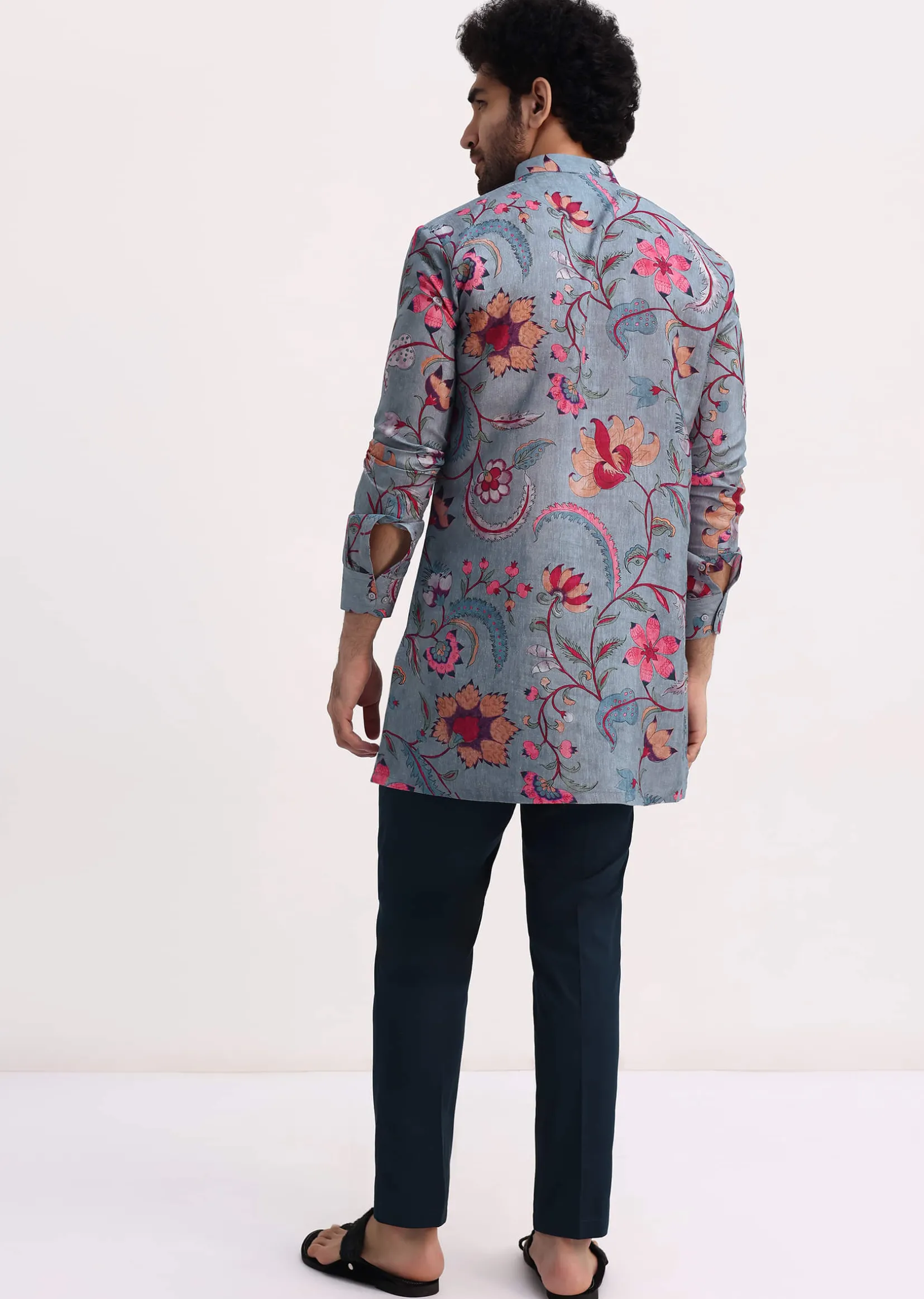 Grey Printed Kurta Set For Men