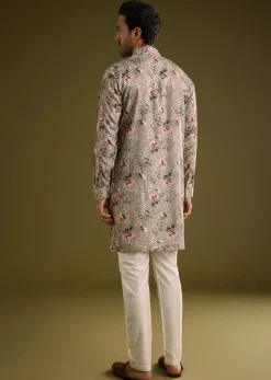Grey Printed Kurta Set In Russian Silk With Zipper