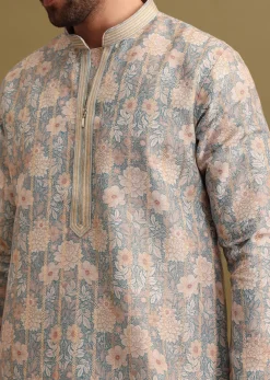 Grey Printed Silk Zipper Kurta Set For Men