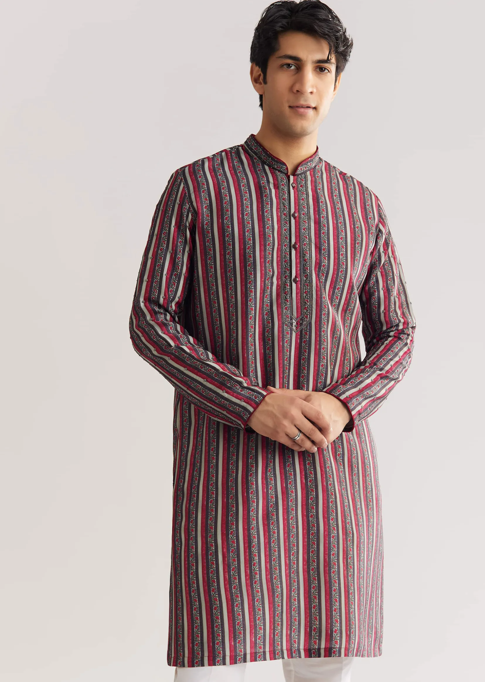 Grey Rawsilk Jacket Kurta Set With Cut Dana And Stone