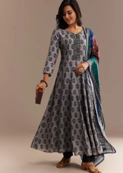Grey Roman Silk Printed Anarkali Set