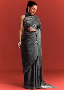Grey Satin Saree With Stone And Diamond Work