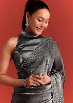 Grey Satin Saree With Stone And Diamond Work