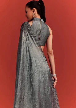 Grey Satin Saree With Stone And Diamond Work