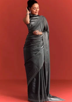 Grey Satin Saree With Stone And Diamond Work