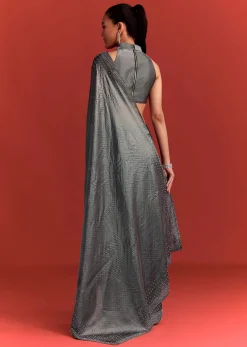 Grey Satin Saree With Stone And Diamond Work