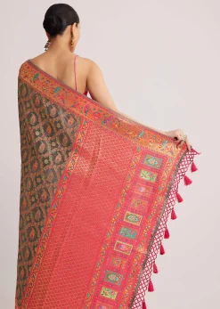 Grey Satin Silk Saree With Jaal Work And Zari Peacock Motif Border