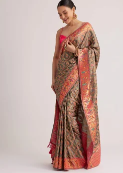 Grey Satin Silk Saree With Jaal Work And Zari Peacock Motif Border