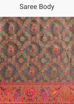 Grey Satin Silk Saree With Jaal Work And Zari Peacock Motif Border