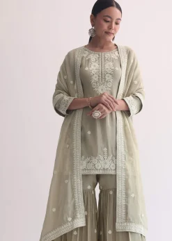 Grey Sequin Embroidered Sharara Set