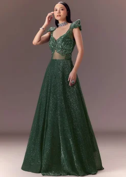 Grey Sequin Flared Gown With 3D Hand Work