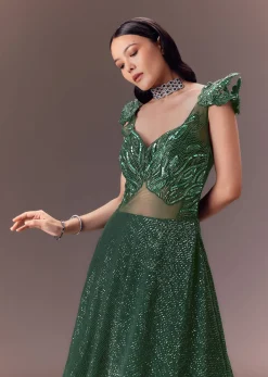 Grey Sequin Flared Gown With 3D Hand Work
