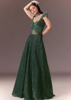 Grey Sequin Flared Gown With 3D Hand Work
