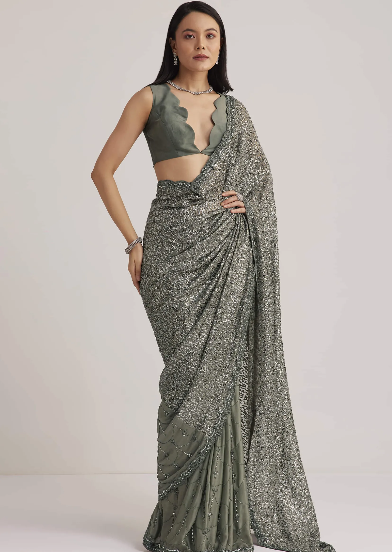 Grey Sequins Net Saree