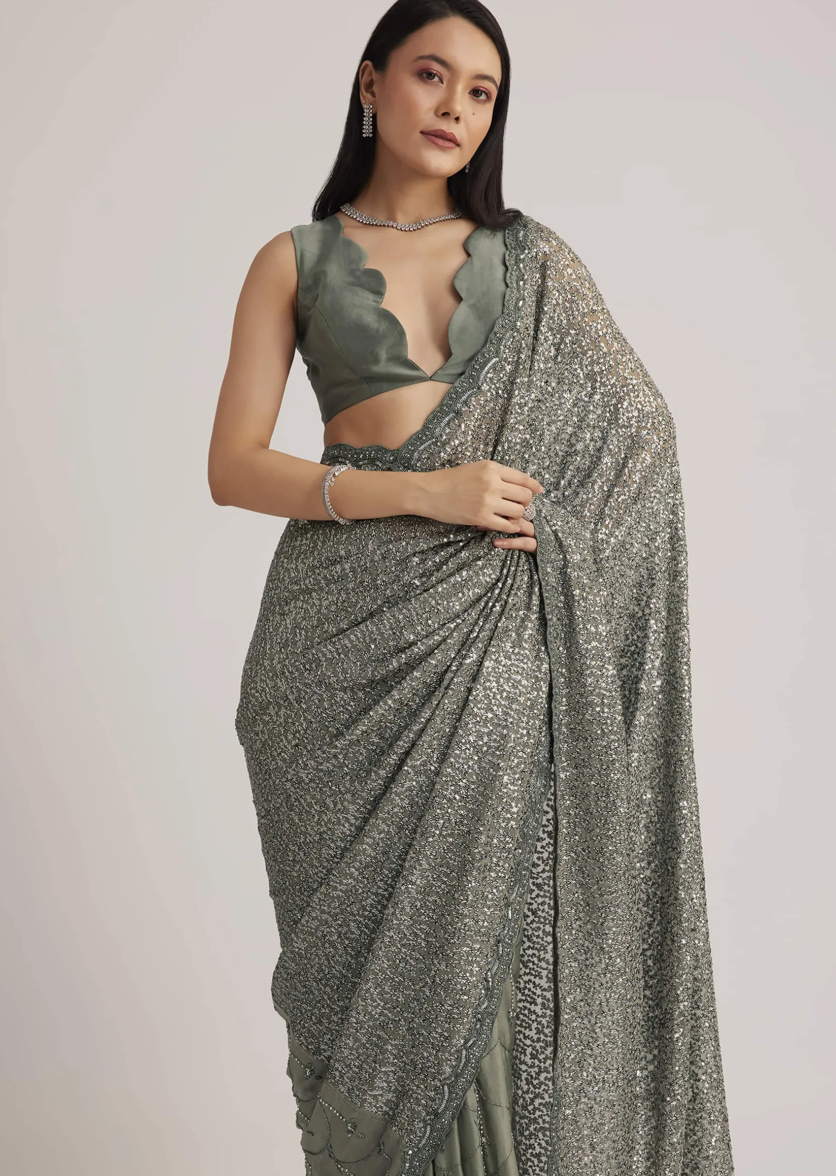 Grey Sequins Net Saree