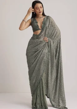 Grey Sequins Net Saree